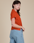 Pantry Button-Up in Chili Red side view on Alex