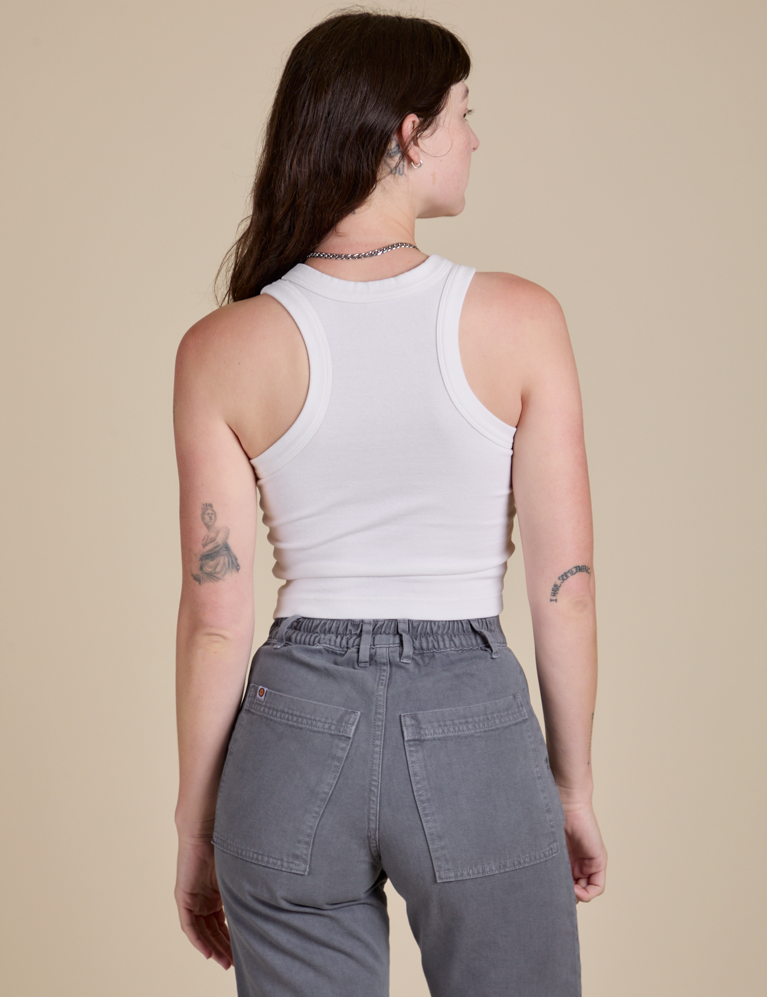 Racerback Tank in Vintage Tee White back view on Alex
