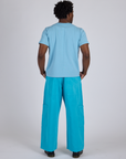 Back view of Drop Pocket Cargo Pants in Hawaiian Blue and baby blue Organic Vintage Tee on Isaac