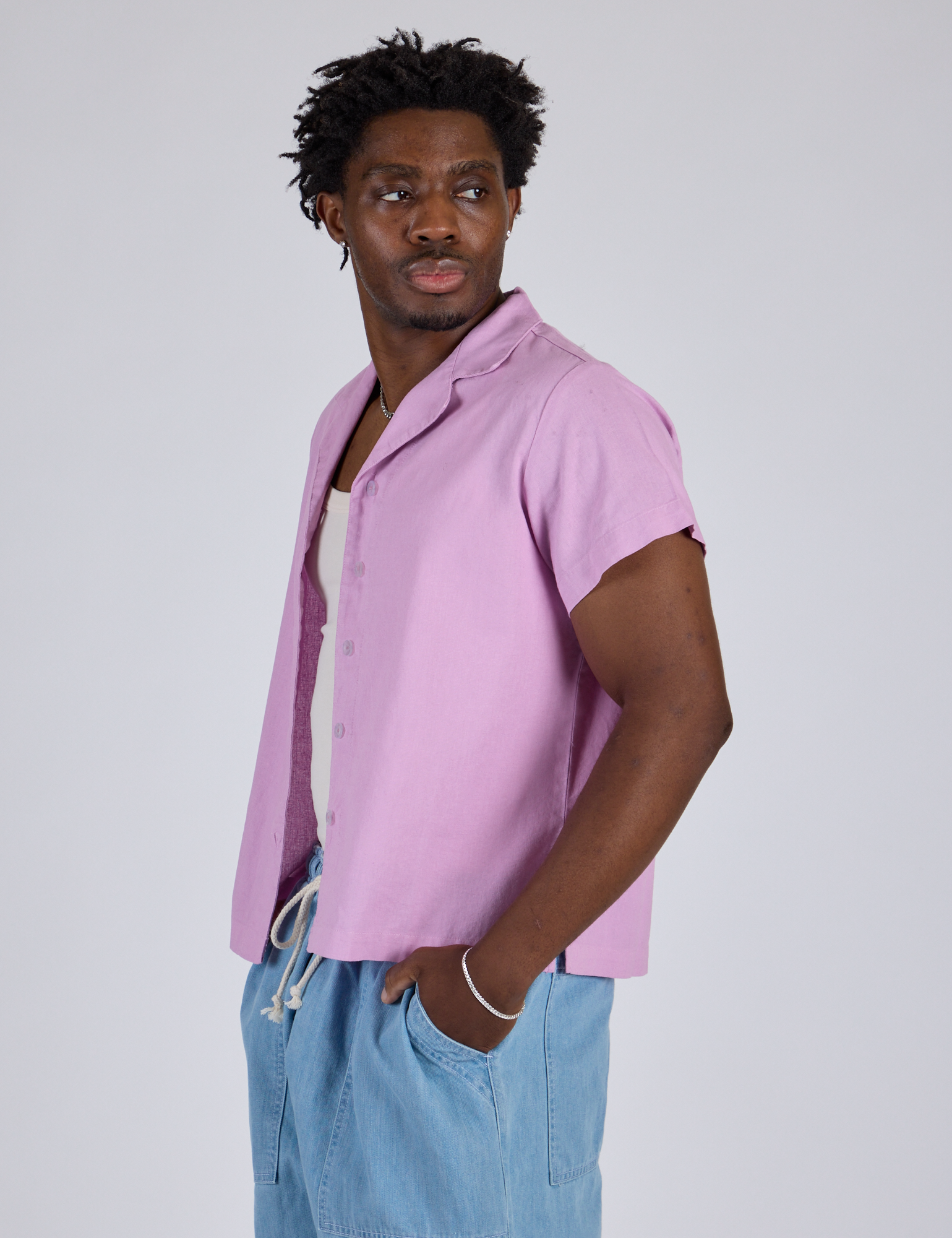 Pantry Button-Up in Lilac Purple side view on Isaac