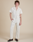 Quinn is 6'3" and wearing L Short Sleeve Jumpsuit in Vintage Tee White