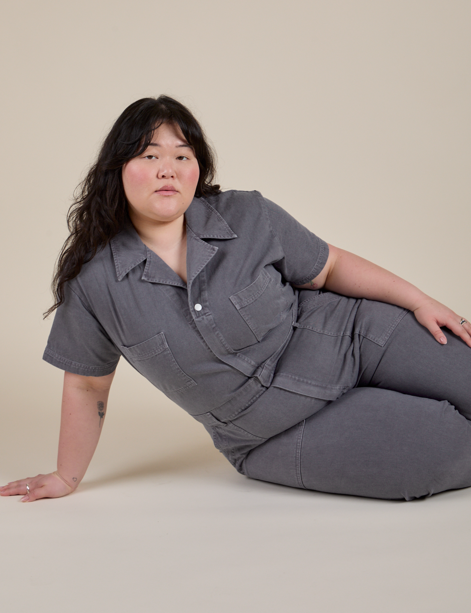 Short Sleeve Jumpsuit in Washed Grey worn by Ashley