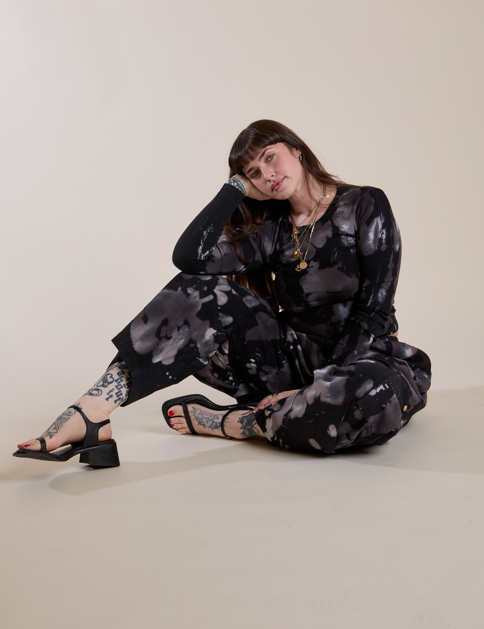 Long Sleeve Baby Tee in Ink Blot and matching Drop Pocket Cargo Pants on Sydney