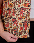 Hot Stuff Print Pantry Button-Up close up on Juliet