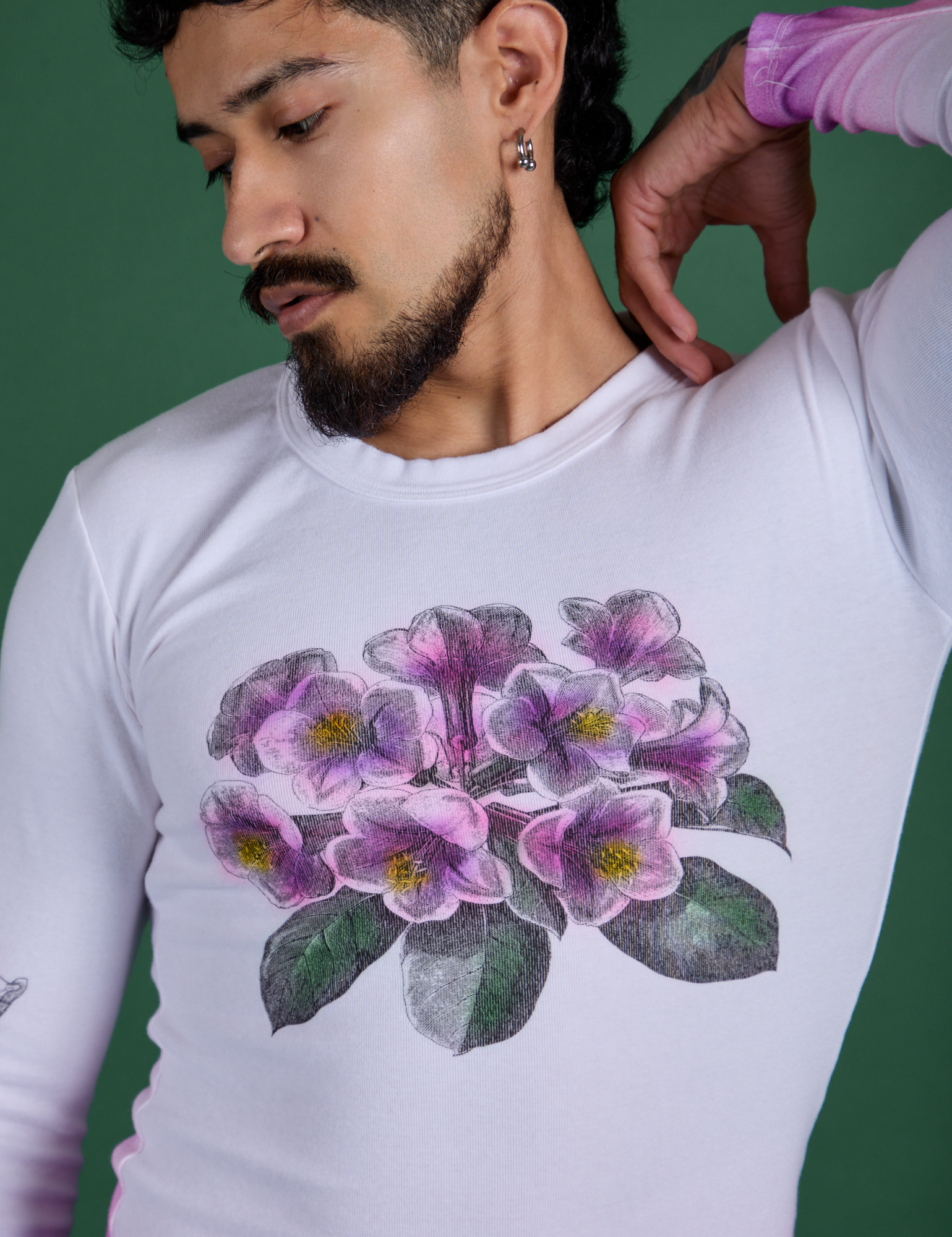 Front close up of Floral Long Sleeve Baby Tee in Pink on Jesse