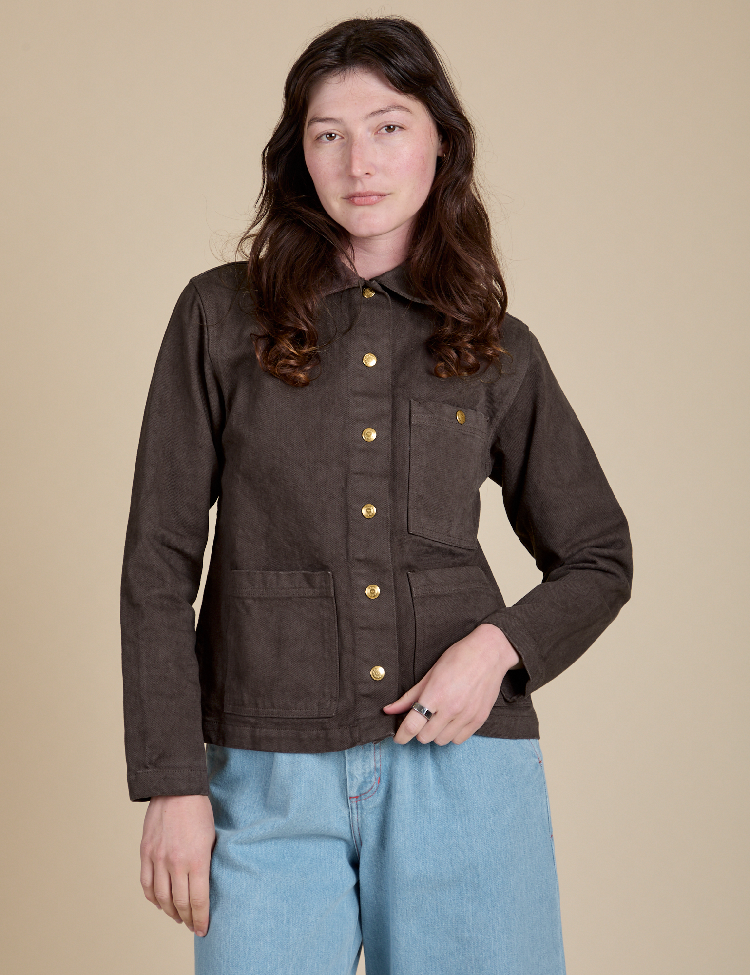Alex is 5'8" and wearing P Denim Work Jacket in Espresso Brown