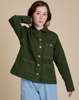 Hana is 5'3" and wearing P Denim Work Jacket in Evergreen
