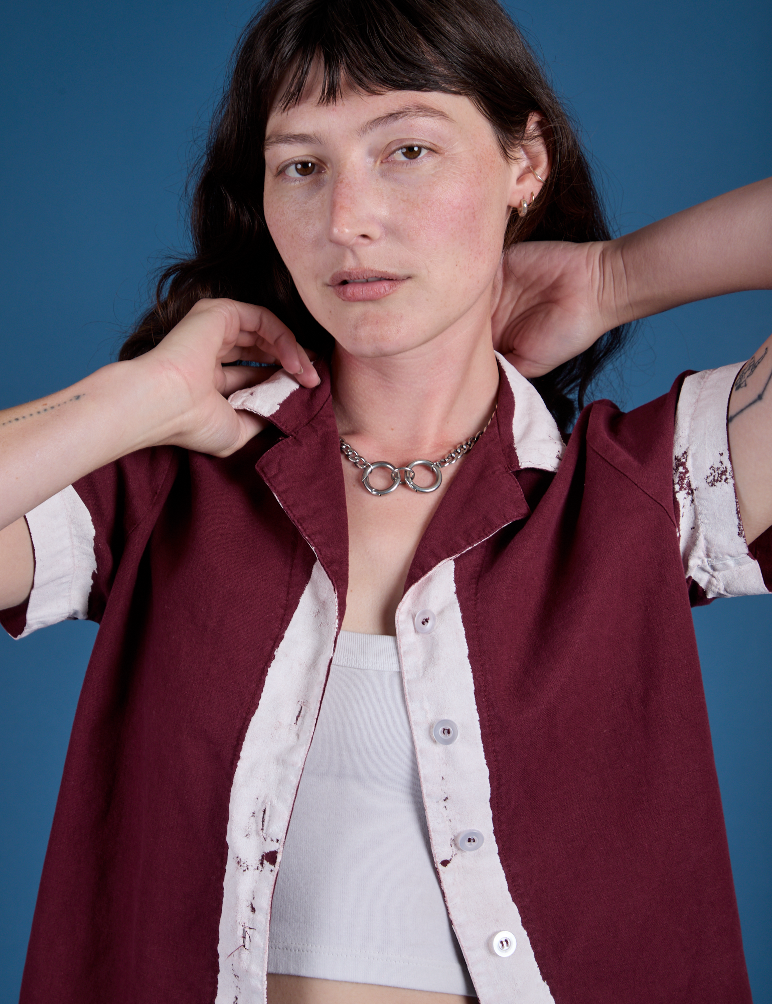 Painted Pantry Button-Up in Red Wine front close up on Alex
