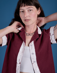 Painted Pantry Button-Up in Red Wine front close up on Alex