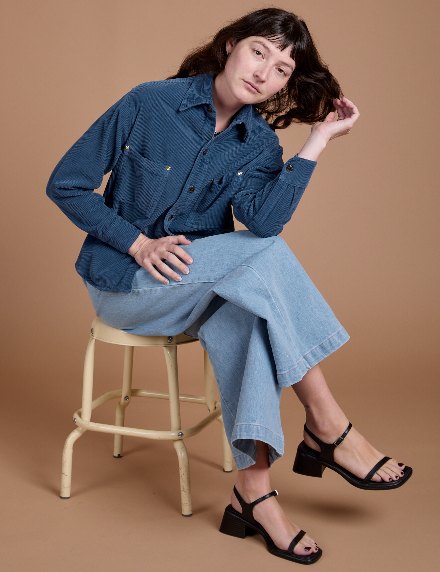 Cropped Corduroy Overshirt in French Blue worn by Alex