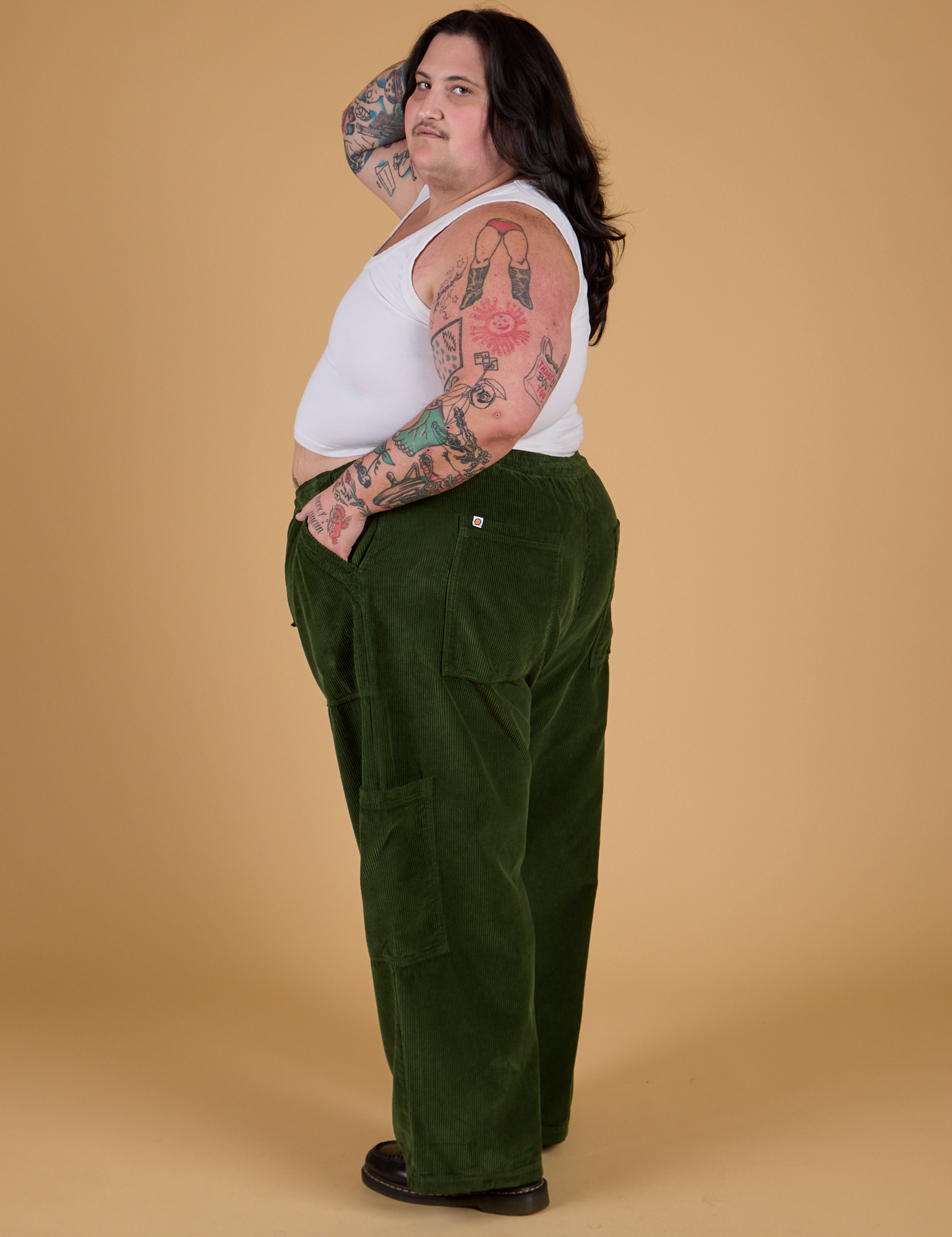 Corduroy Drop Pocket Cargo Pants in Evergreen side view on Sam