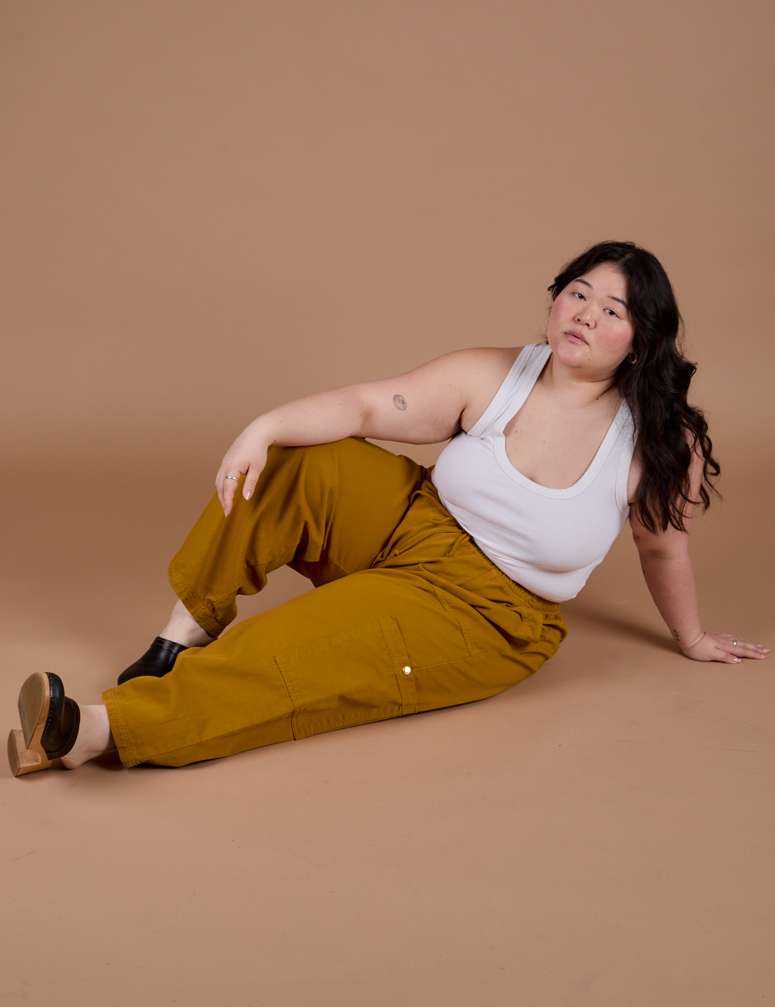 Drop Pocket Cargo Pants in Spicy Mustard and vintage tee white Cropped Tank on Ashley
