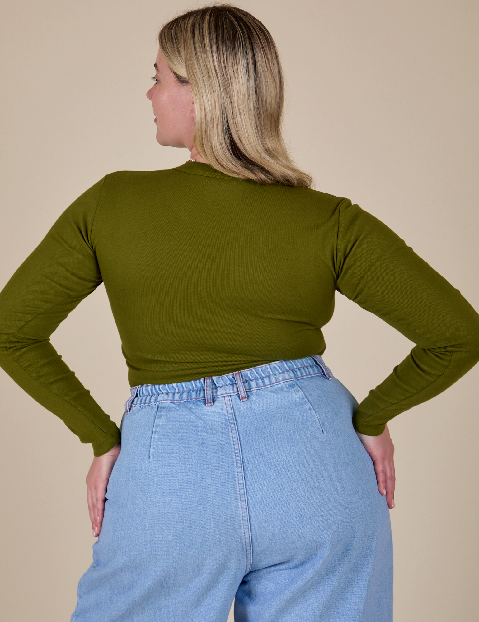 Long Sleeve Baby Tee in Summer Olive back view on Lish
