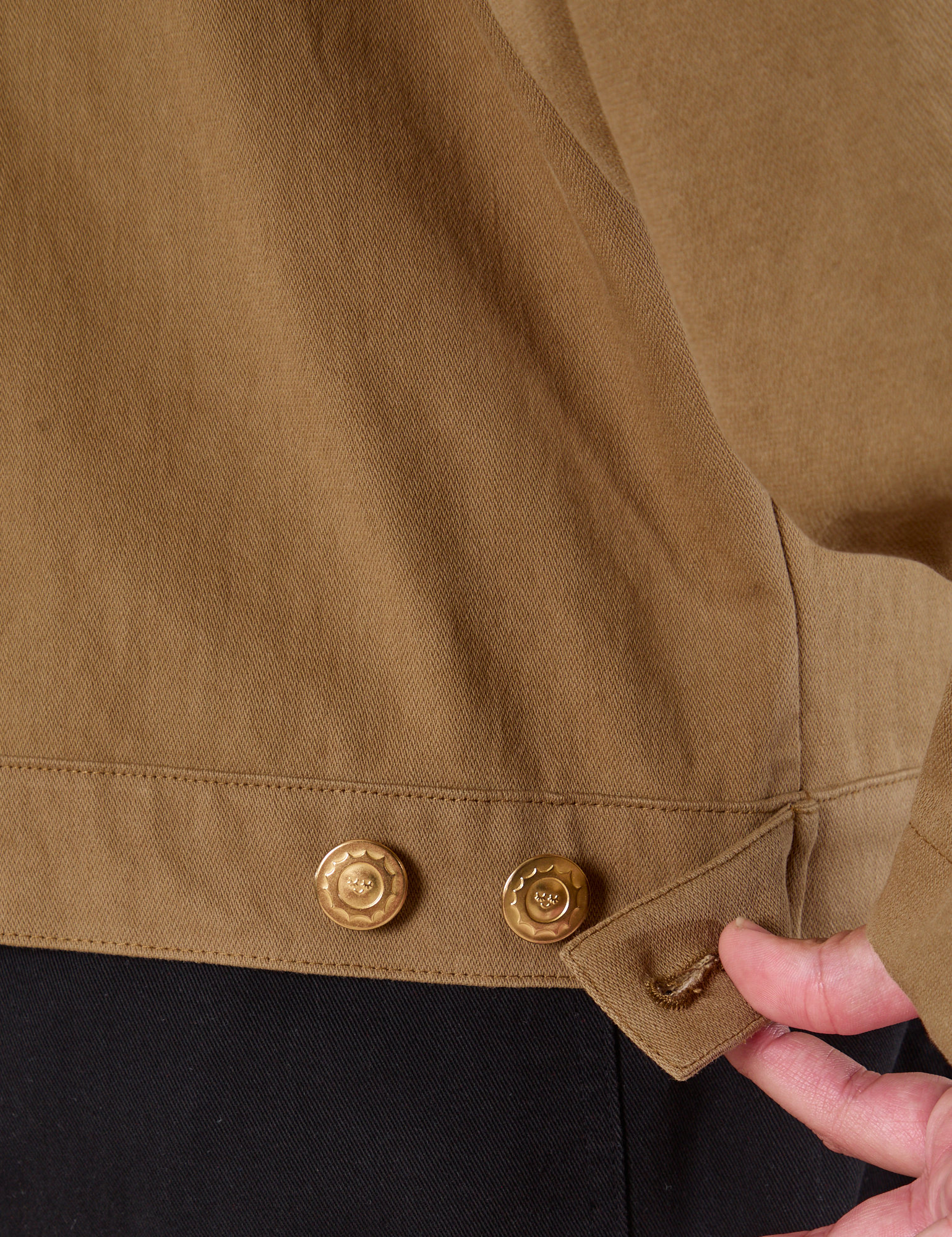 Mechanic Jacket in Desert Brown custom brass button close up