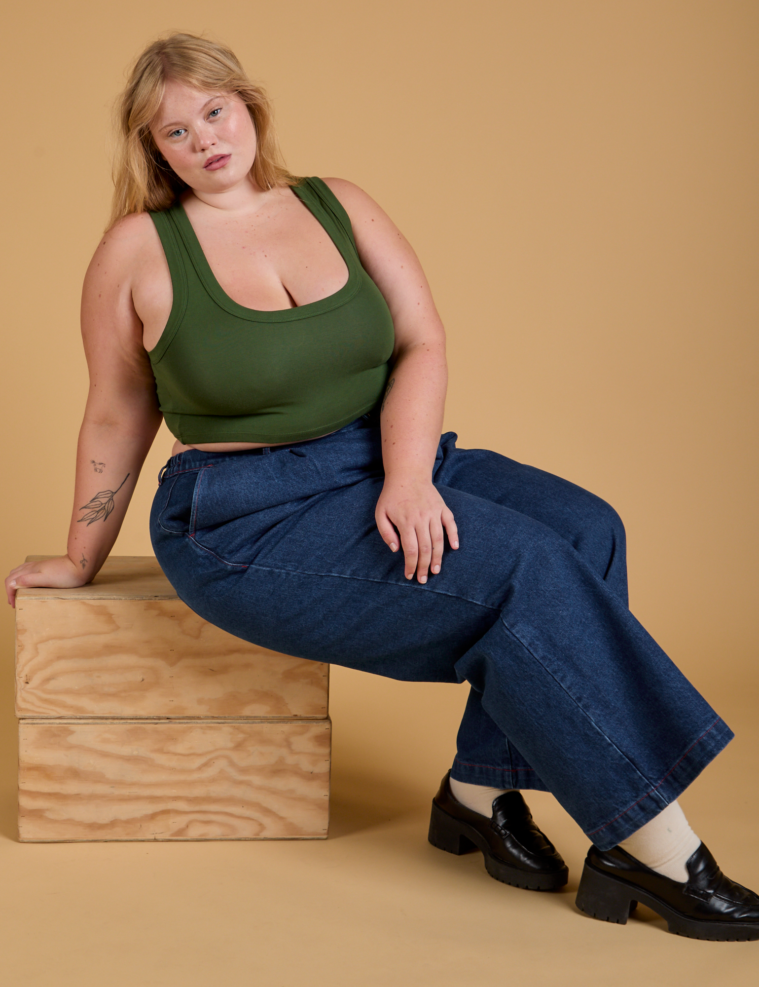 Mini Tank in Evergreen and dark wash Indigo Wide Leg Trousers on Juliet