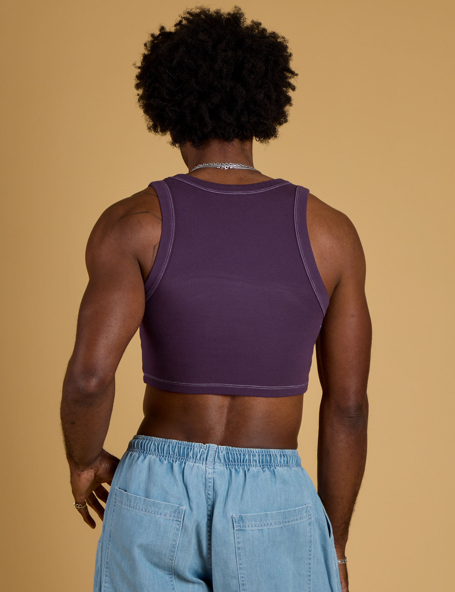 Contrast Stitch Mini Tank in Nebula Purple back view on Jerrod