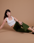 Organic Action Pants in Evergreen and vintage tee white Cropped Tank worn by Alex