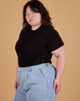 Angled front view of Organic Vintage Tee in Basic Black on Ashley