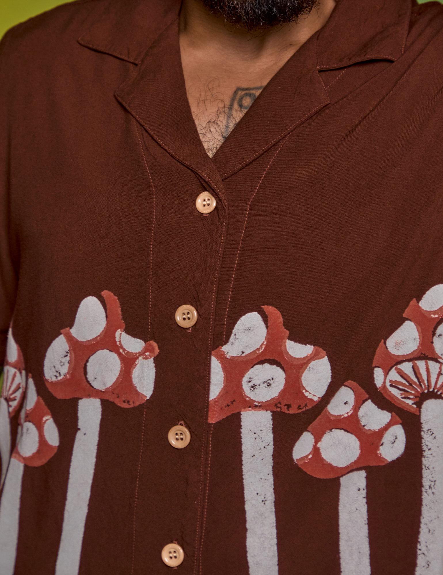 Paintstamped Pantry Button-Up in Mushroom front close up on Jesse