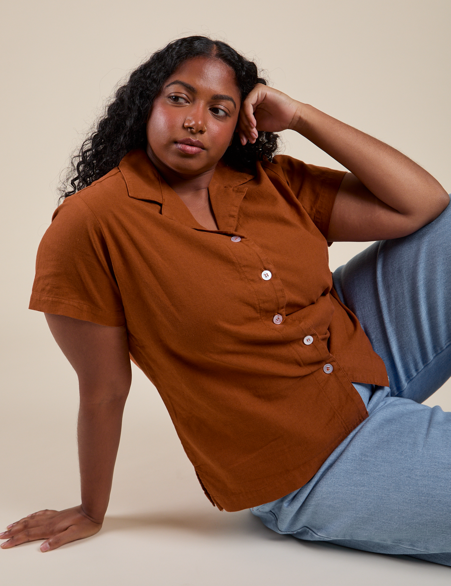 Pantry Button-Up in Burnt Terracotta worn by Meghna