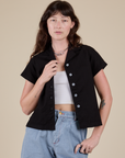 Alex is 5’8” and wearing P Pantry Button-Up in Basic Black