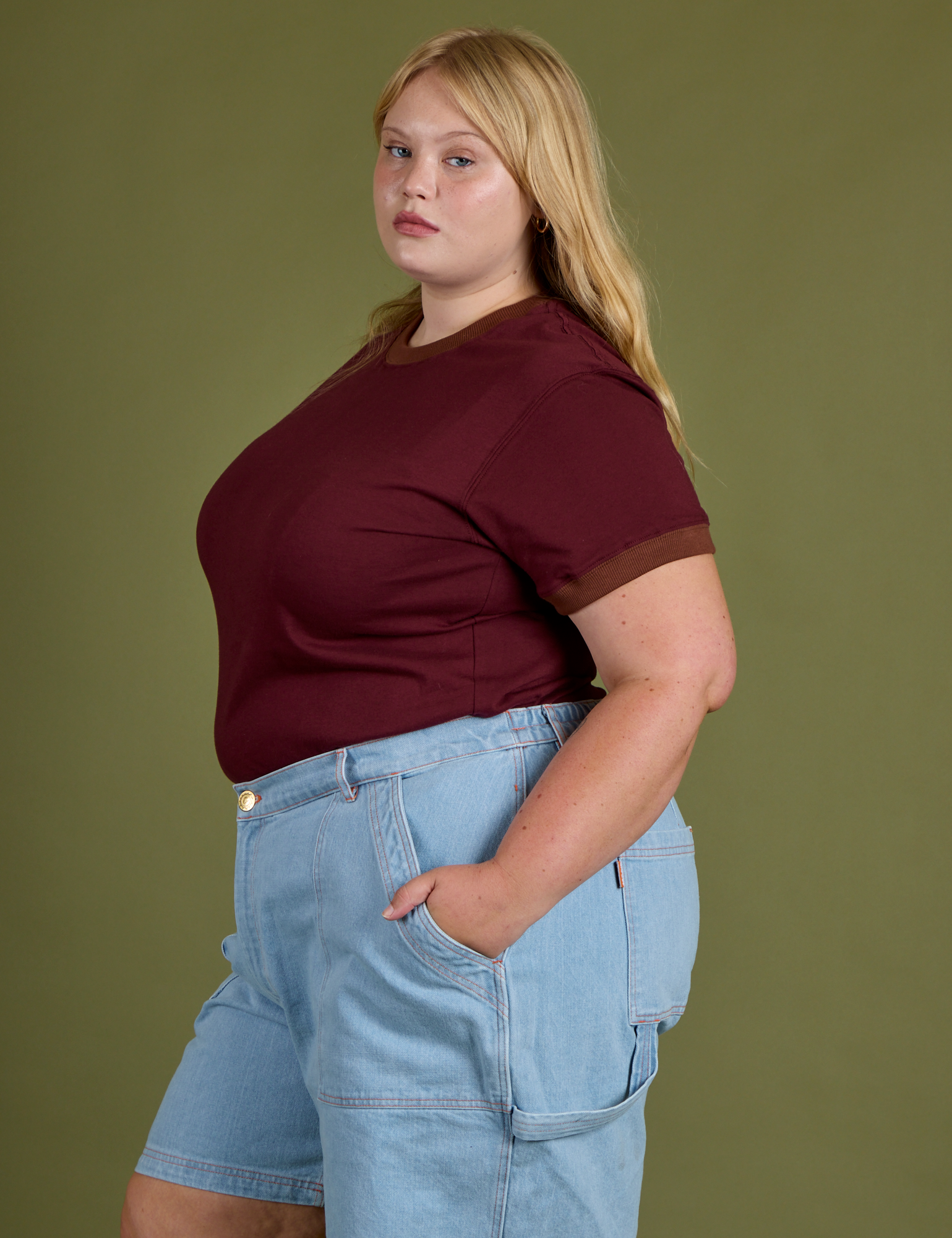 Side view of Vintage Ringer Tee in Red Wine on Juliet