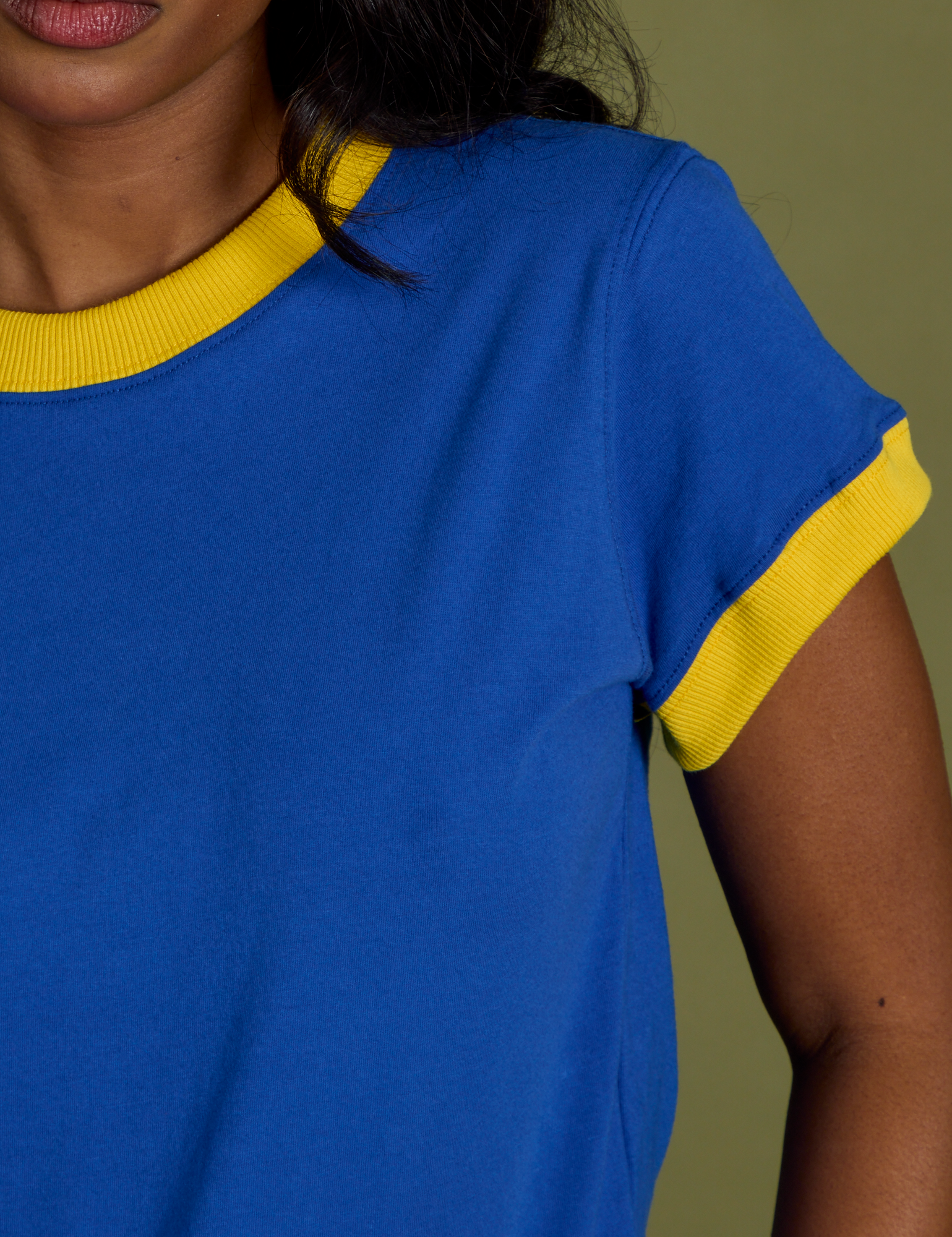 Vintage Ringer Tee in Royal Blue front close up on Kandia