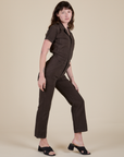 Side view of Short Sleeve Jumpsuit in Espresso Brown on Alex