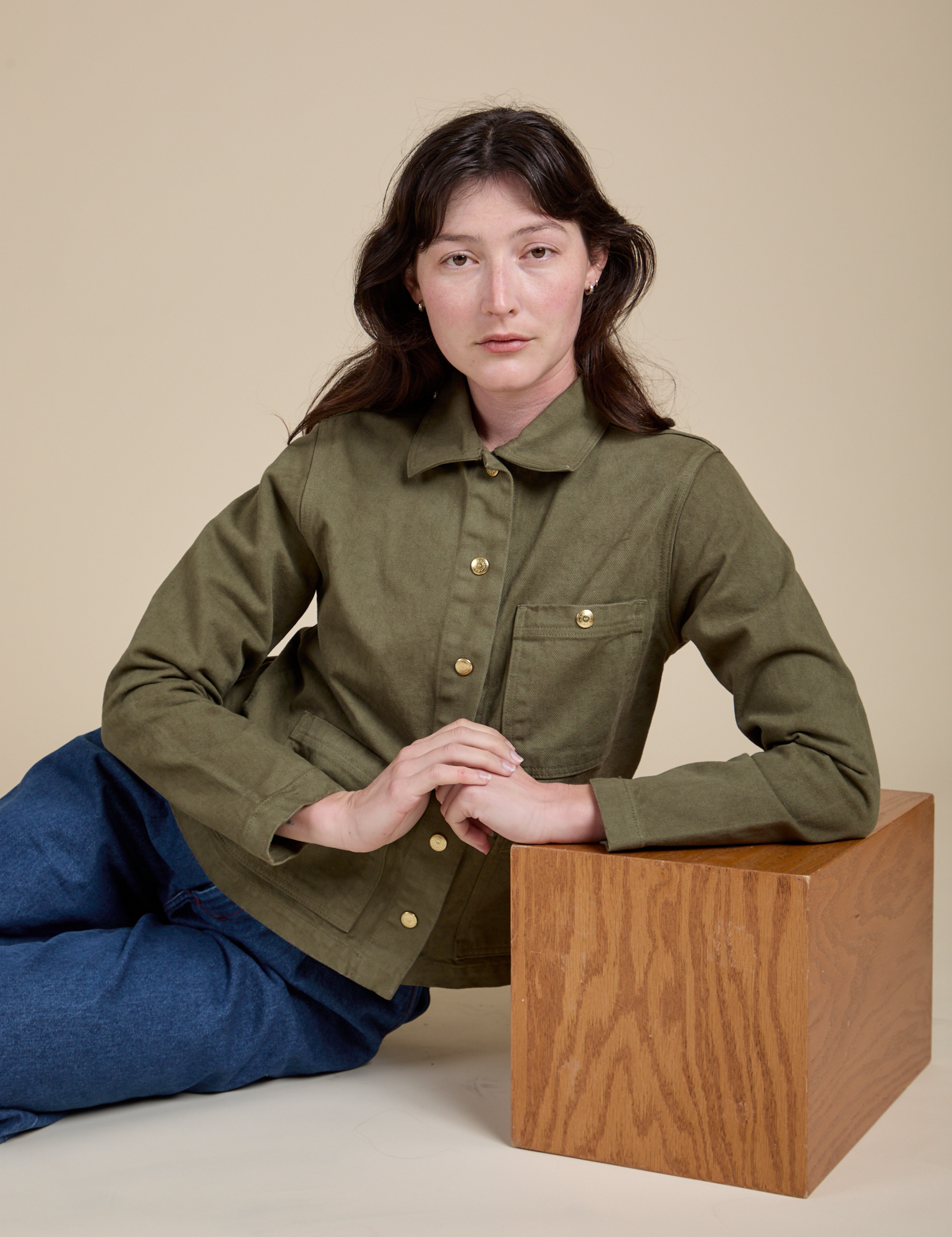 Denim Work Jacket in Surplus Green worn by Alex