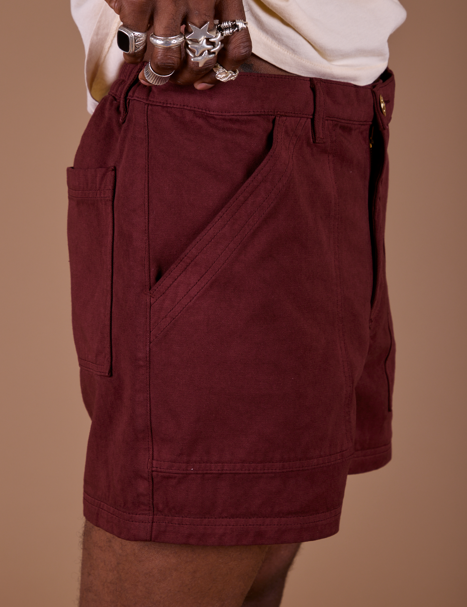Side view close up of Classic Work Shorts in Red Wine on Jerrod