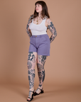 Angled front view of Classic Work Shorts in Faded Grape and Cropped Tank in Vintage Tee White on Sydney