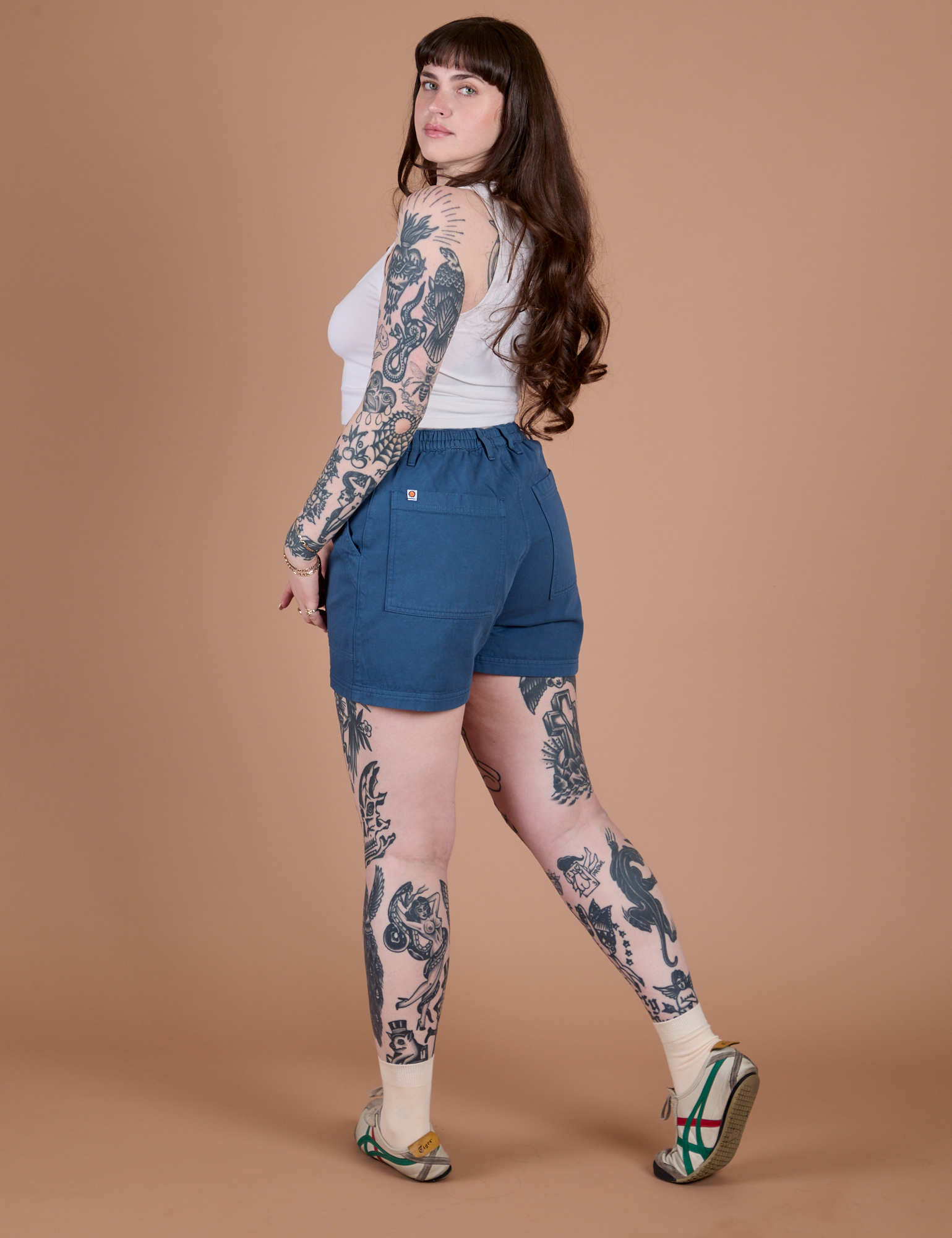 Angled back view of Classic Work Shorts in French Blue on Sydney