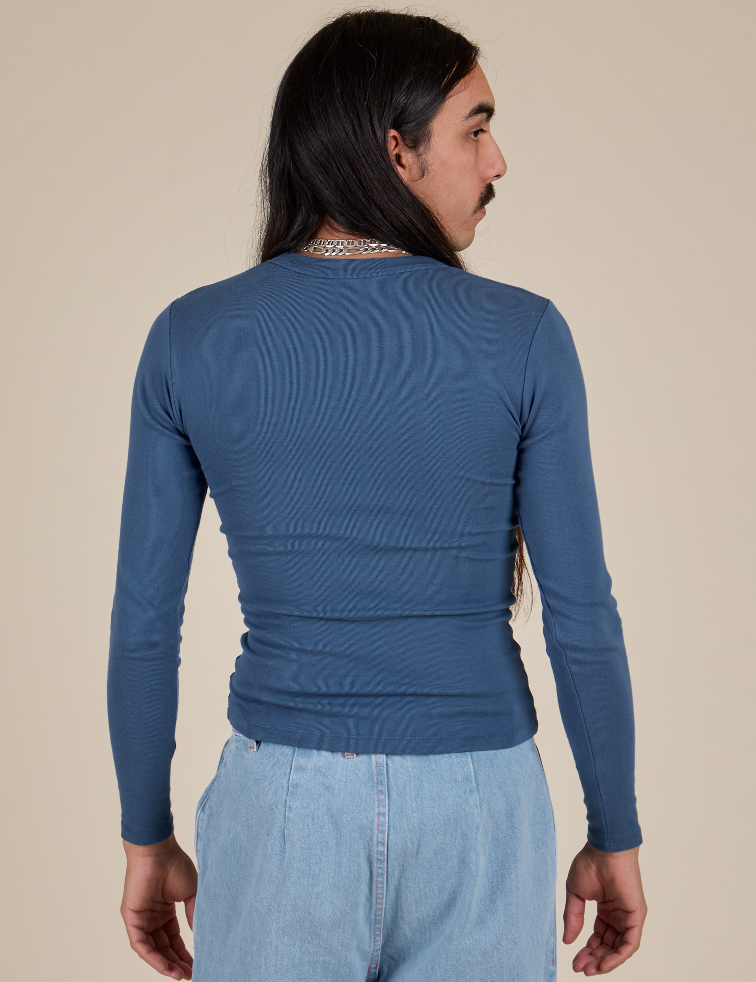 Long Sleeve Baby Tee in French Blue back view on Anthony