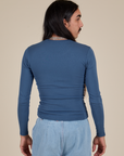 Long Sleeve Baby Tee in French Blue back view on Anthony