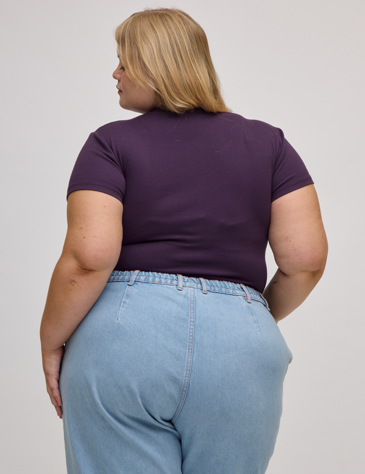Back view of Baby Tee in Nebula Purple on Juliet