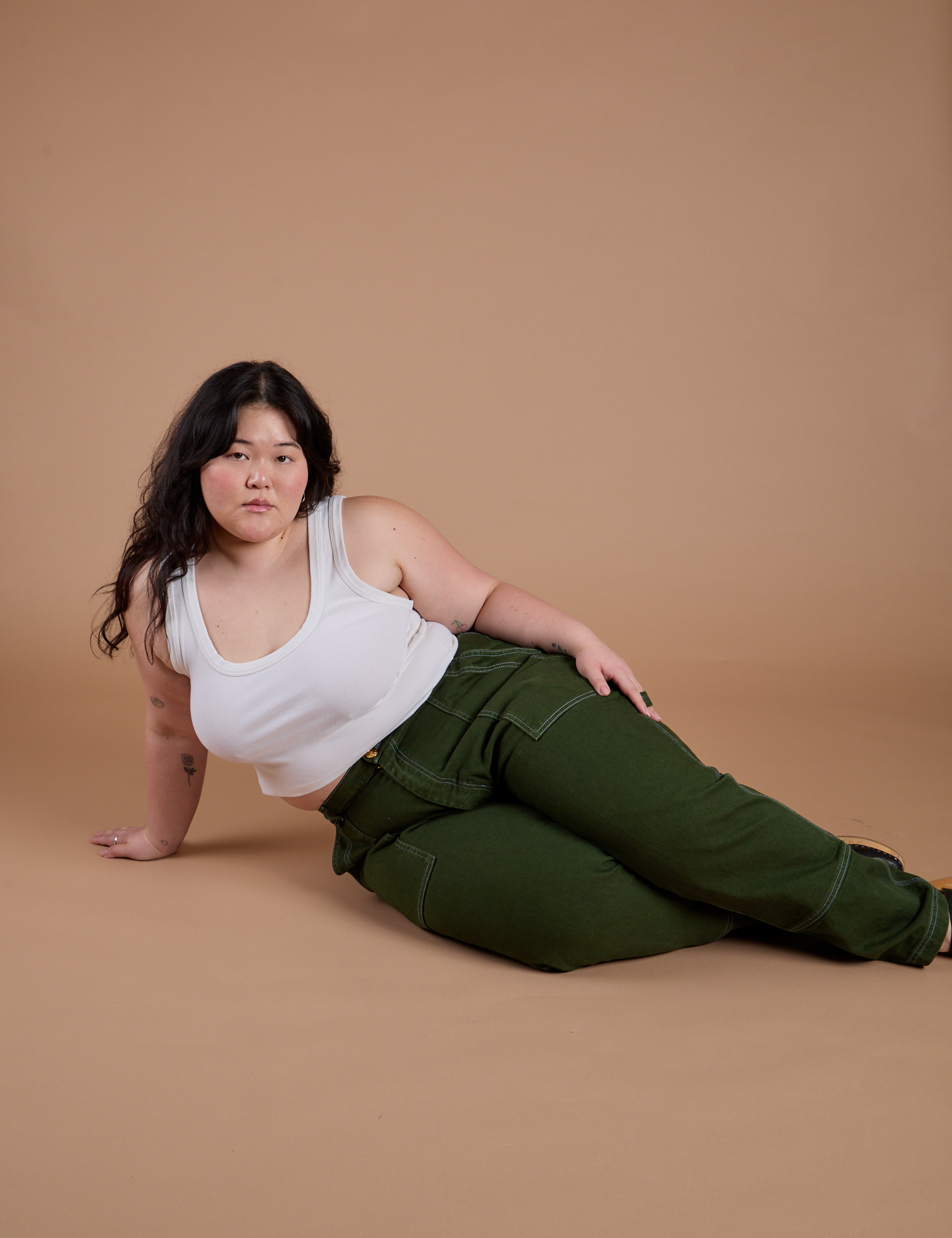Carpenter Jeans in Evergreen and Cropped Tank in Vintage Tee White on Ashley