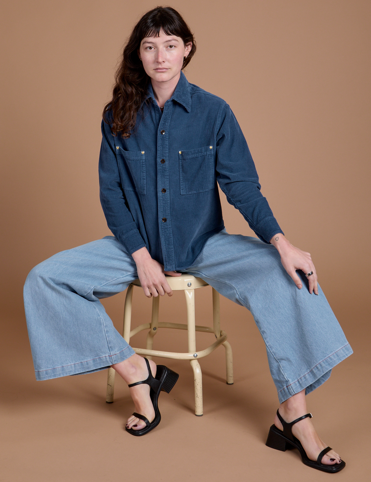 Cropped Corduroy Overshirt in French Blue and light wash Indigo Wide Leg Trouser on Alex