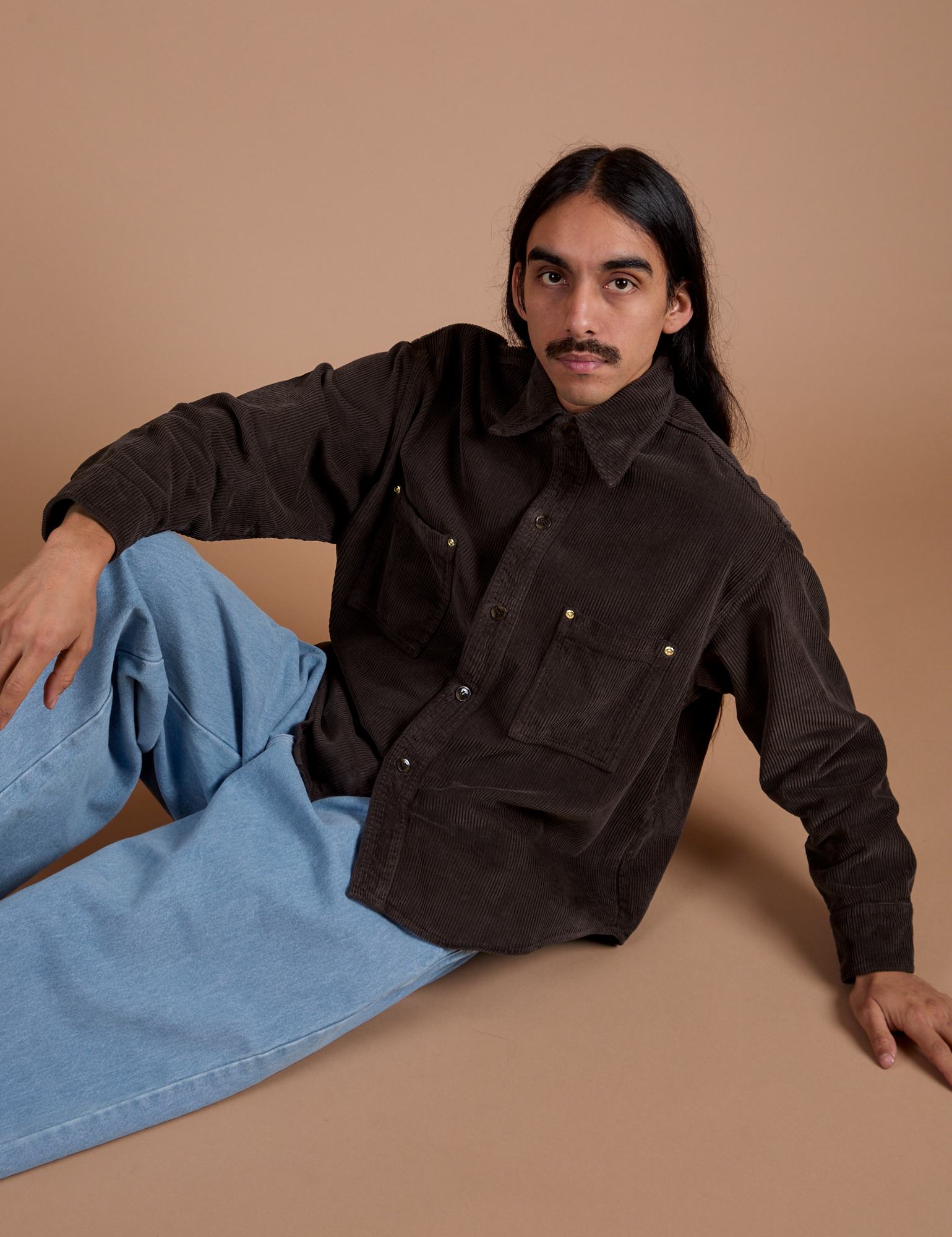 Cropped Corduroy Overshirt in Espresso Brown worn by Anthony