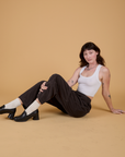Corduroy Drop Pocket Cargo Pants in Espresso Brown and Cropped Tank in Vintage Tee White worn by Alex