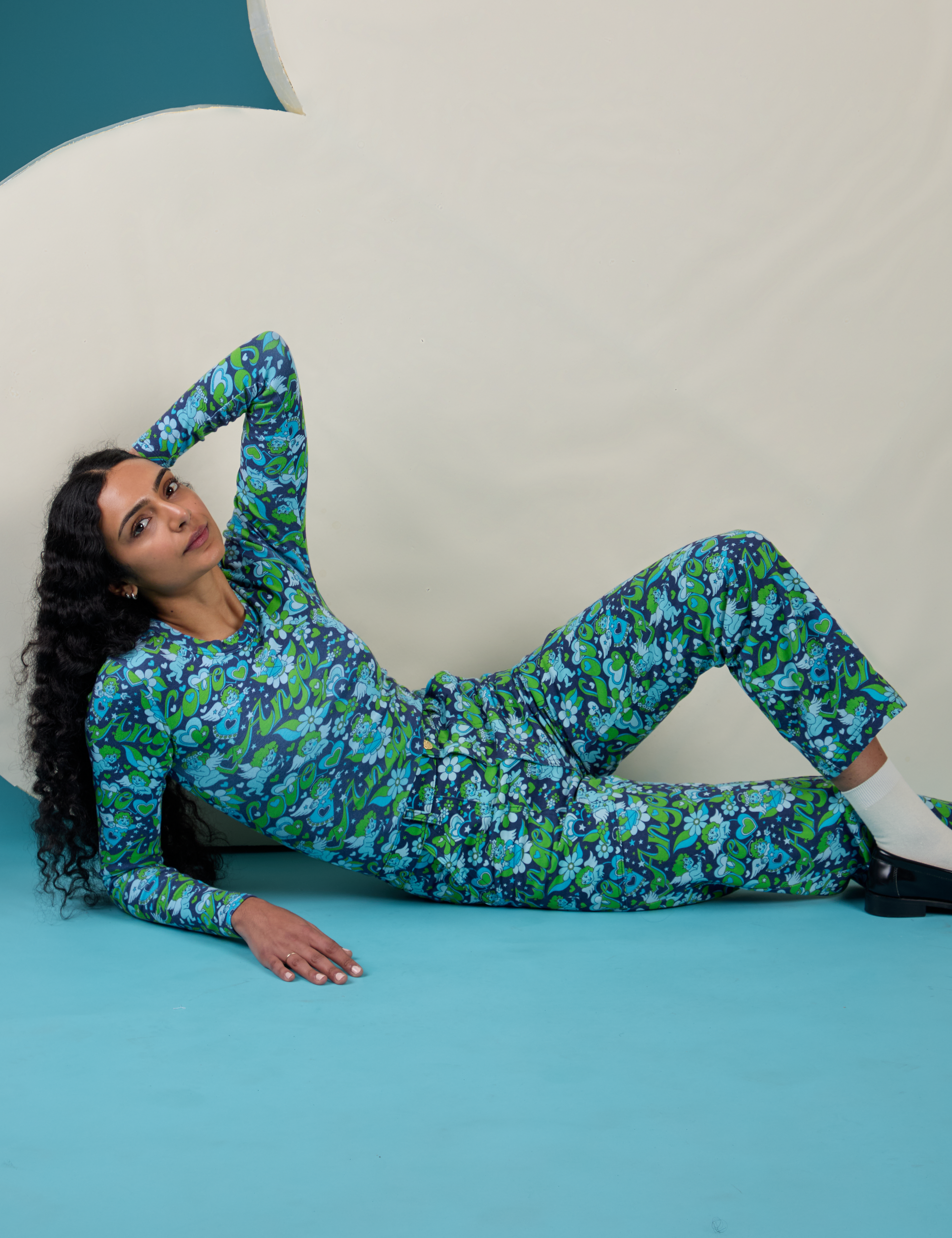 Long Sleeve Baby Tee in Angel Print and matching Work Pants worn by Shahana