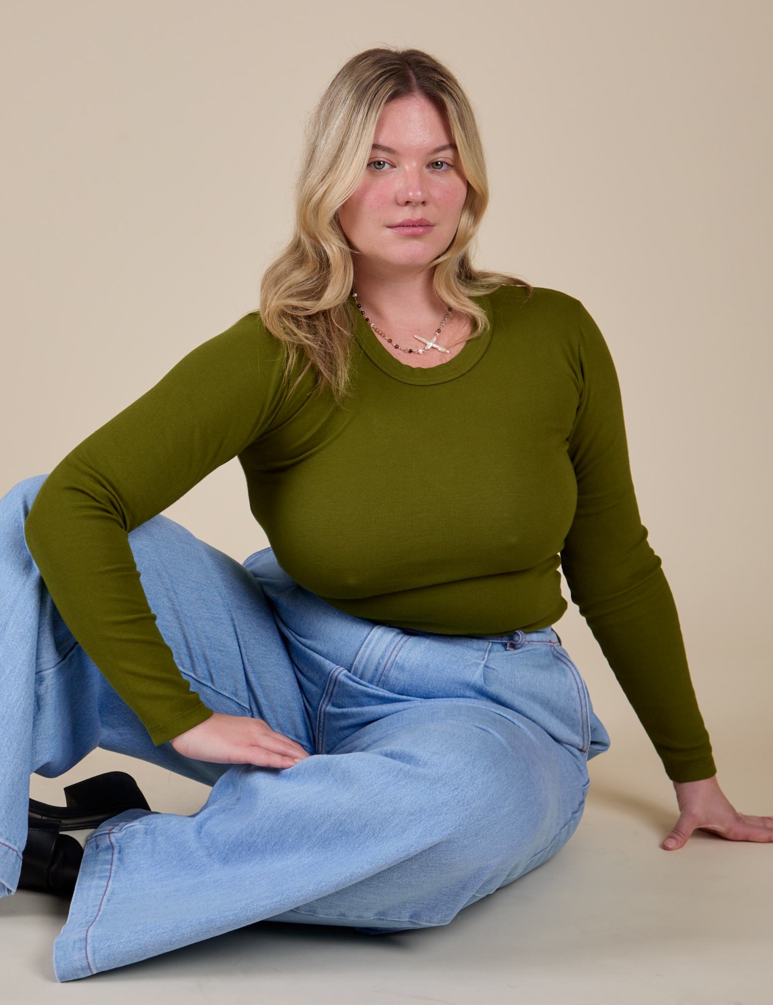 Long Sleeve Baby Tee in Summer Olive worn by Lish
