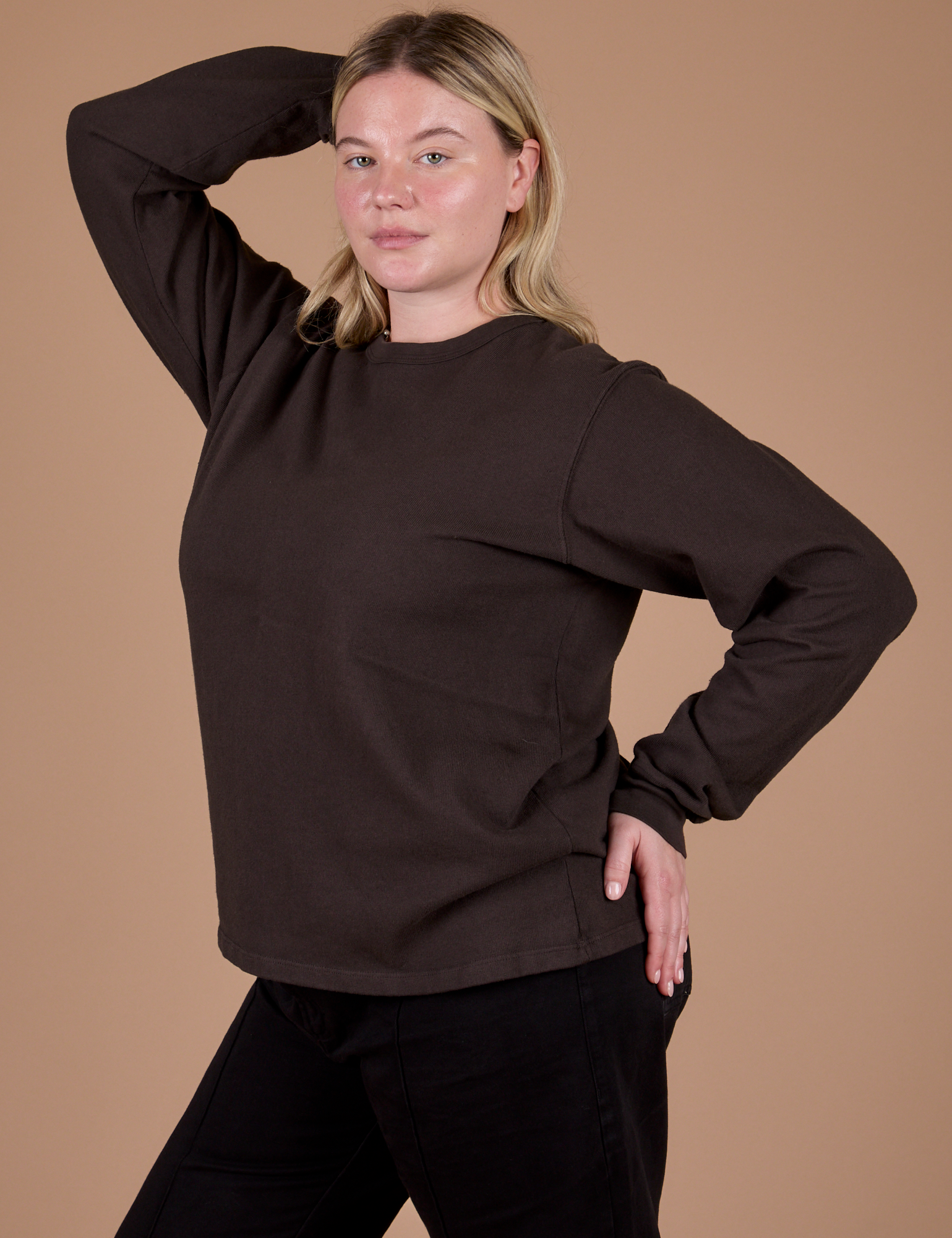 Long Sleeve Burly Tee in Espresso Brown angled front view on Lish