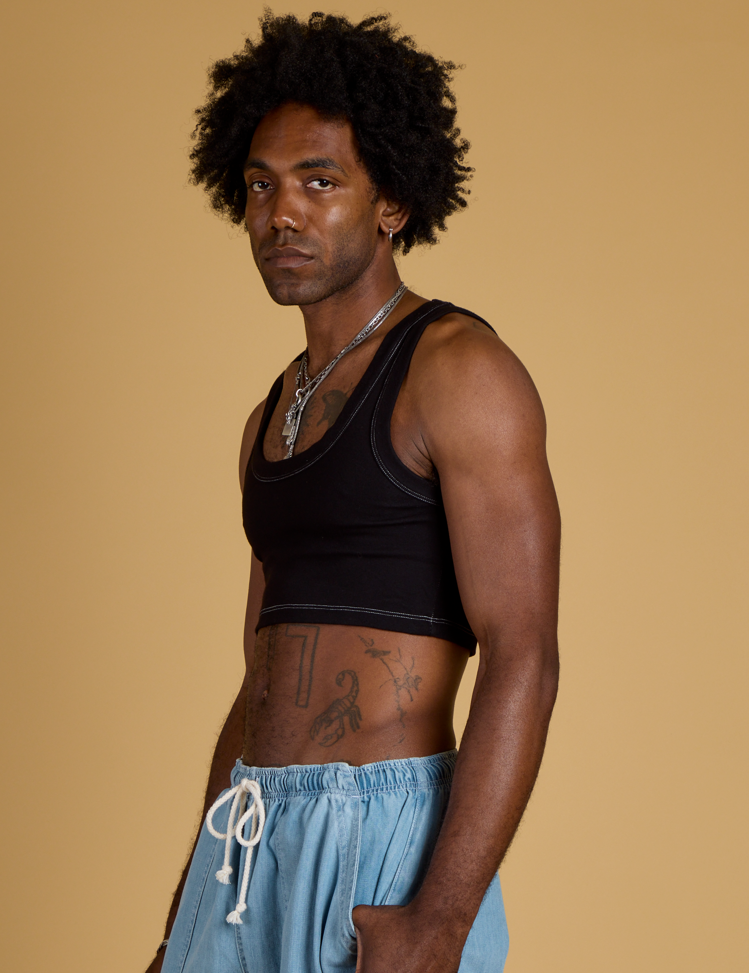 Contrast Stitch Mini Tank in Basic Black side view on Jerrod