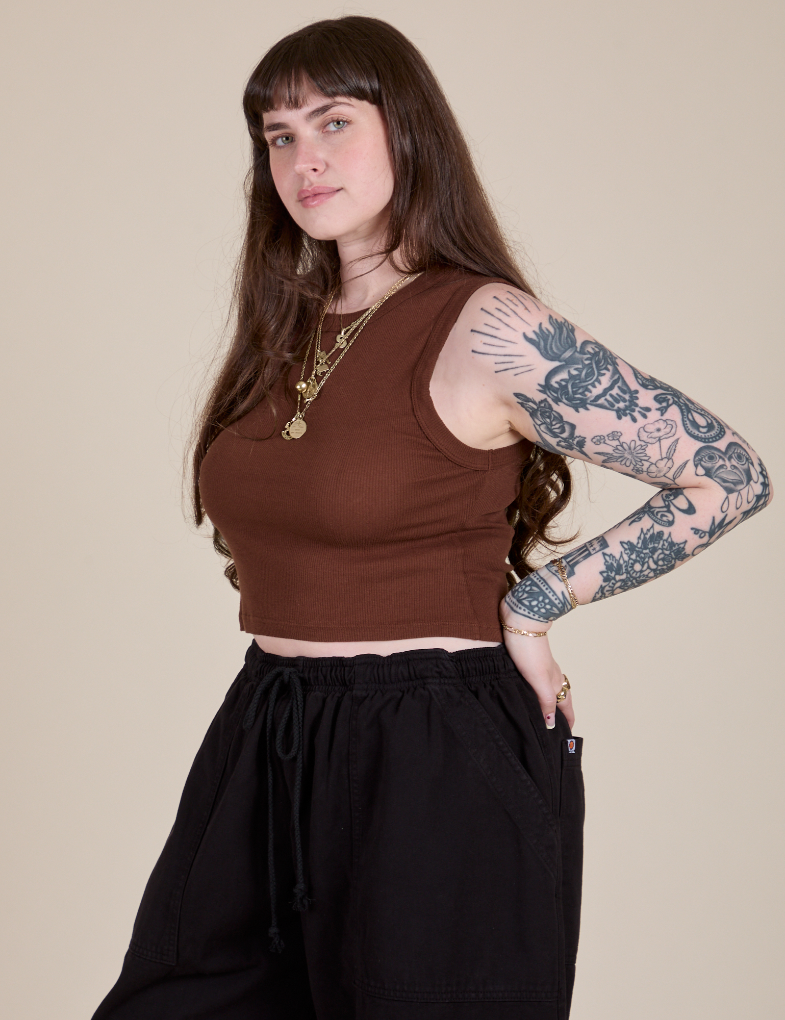 Angled front view of Muscle Tee in Fudgesicle Brown on Sydney