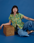 Spring Quilt Print Pantry Button-Up and Denim Drop Pocket Pants in Light Wash worn by Alex