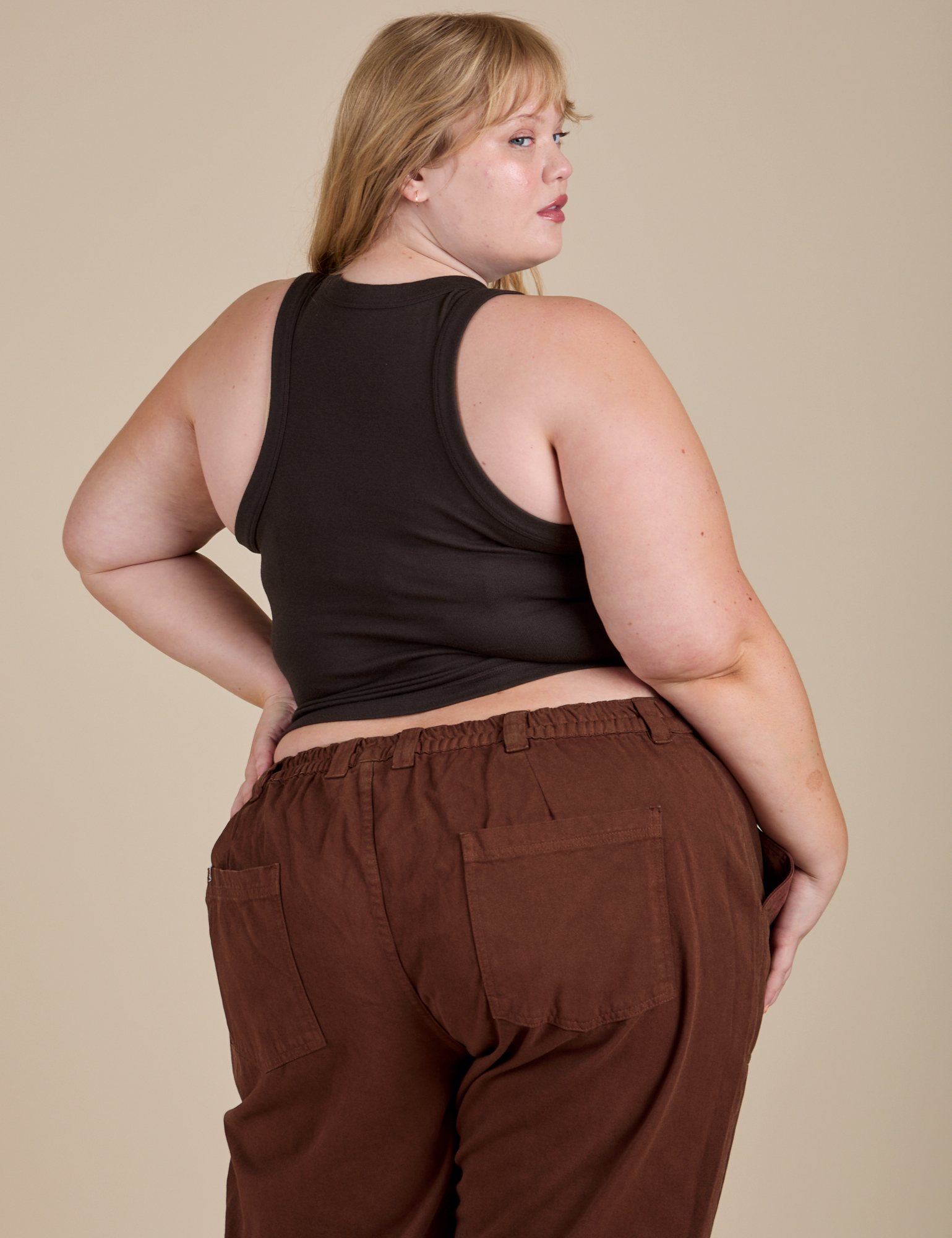 Racerback Tank in Espresso Brown back view on Juliet
