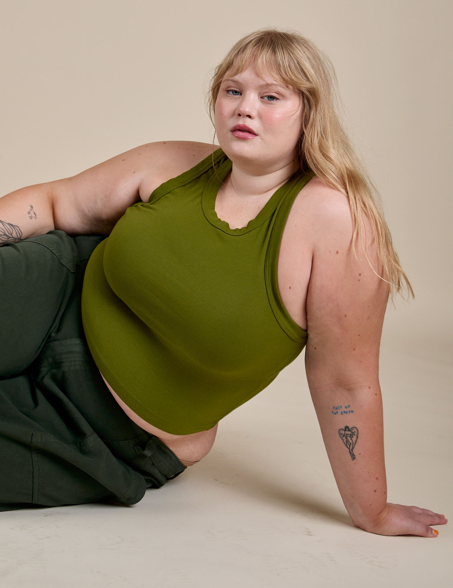 Racerback Tank in Summer Olive worn by Juliet