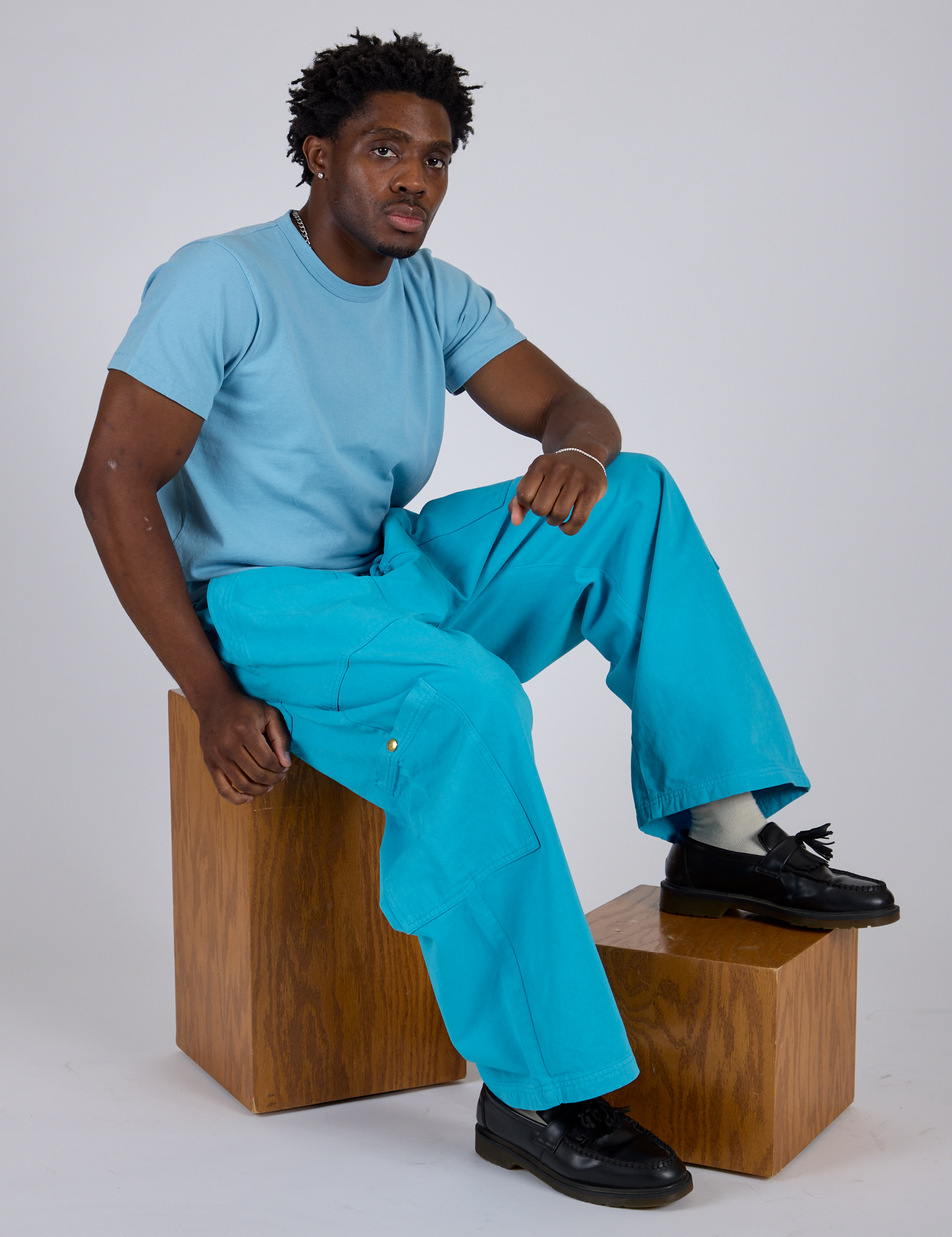 Drop Pocket Cargo Pants in Hawaiian Blue and baby blue Organic Vintage Tee on Isaac