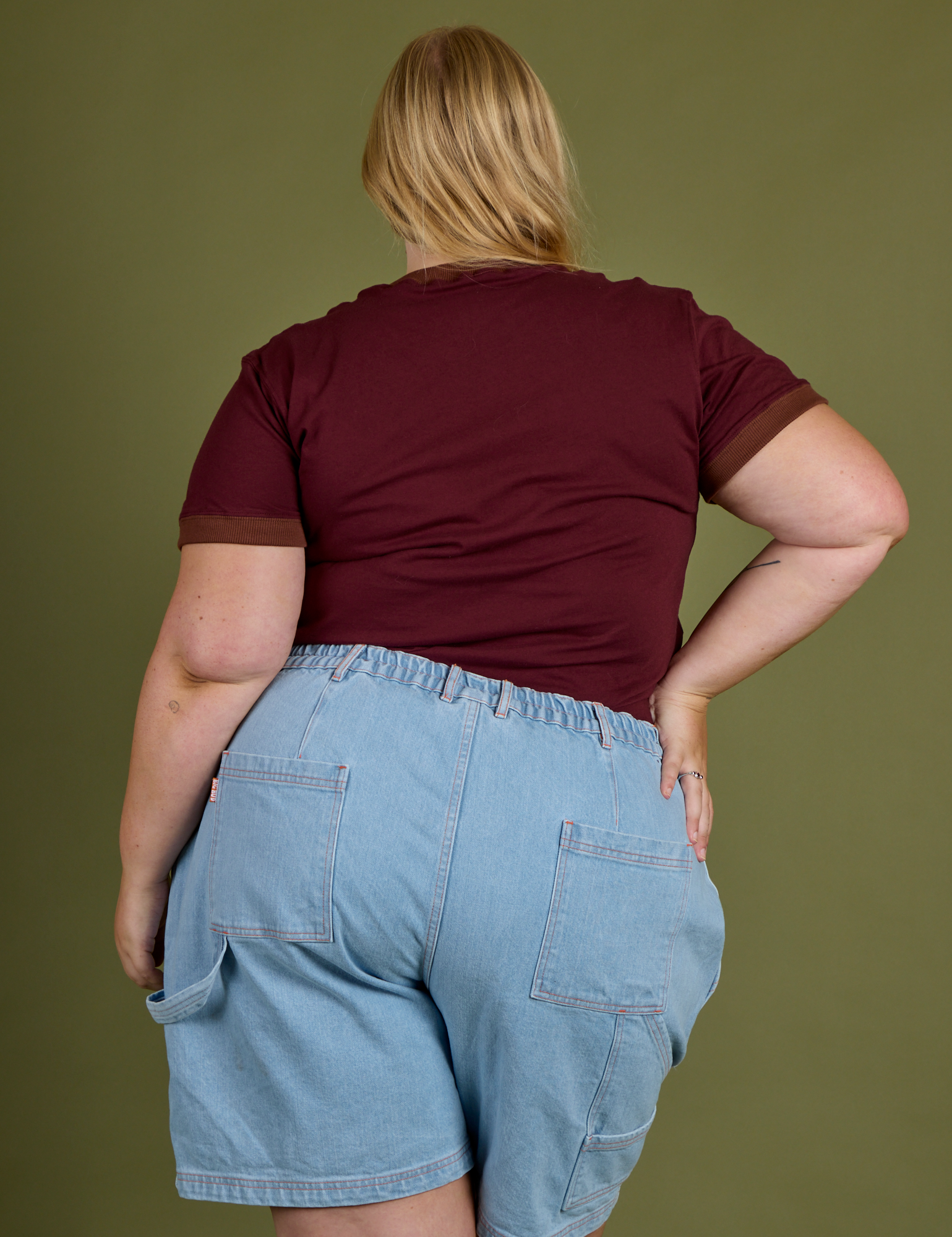 Vintage Ringer Tee in Red Wine back view on Juliet