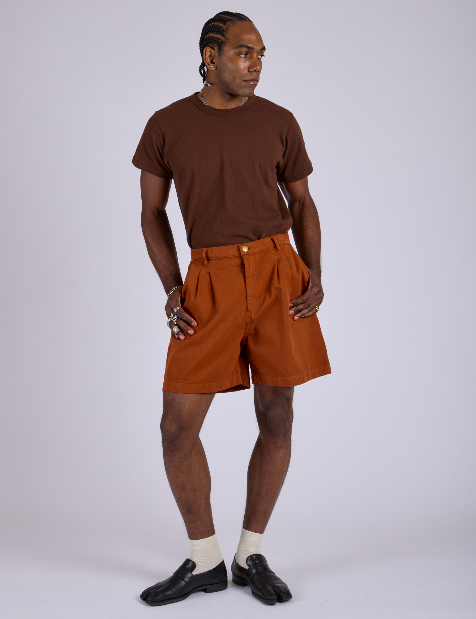 Pleated Trouser Shorts in Burnt Terracotta and fudgesicle brown Organic Vintage Tee